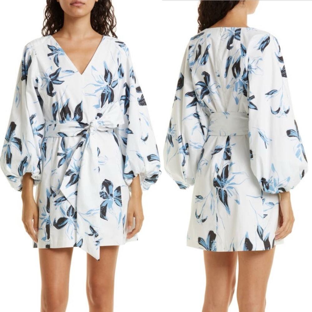 Tanya Taylor White Mini Dress with Blue Floral Print